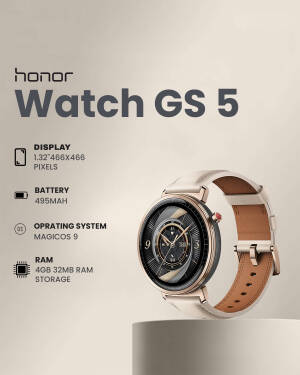 Honor Watch GS 5 with light-colored leather strap on a beige display background