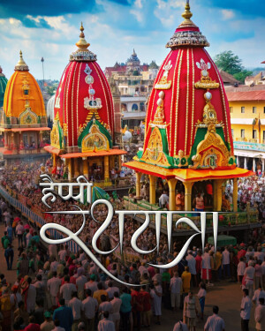 Colorful Rath Yatra procession with large chariots and a crowd of devotees