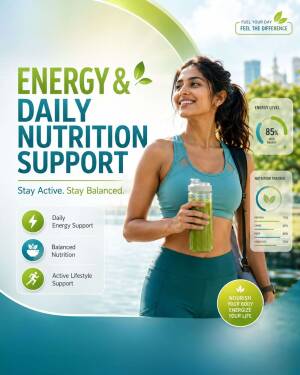 A smiling woman holding a green smoothie with an infographic displaying energy and nutrition tracking data.