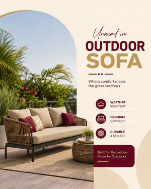 A stylish outdoor sofa on a patio with a beige background and text overlaying features.