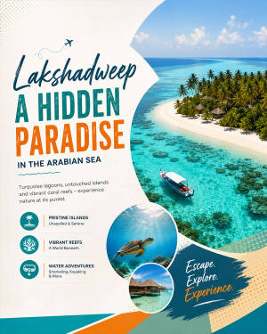 Scenic aerial view of a tropical Lakshadweep island with turquoise water, coral reefs, and a boat, presented as a travel promotion poster.