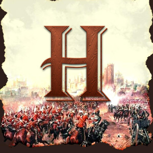 A dramatic image featuring a large letter 'H' superimposed over a historical battle scene.