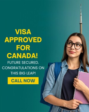Young woman celebrating Canada visa approval with backpack and books.