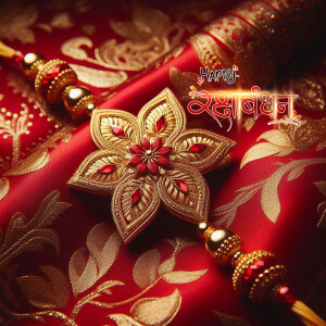 Close-up of intricately designed Rakhi with gold and red embellishments