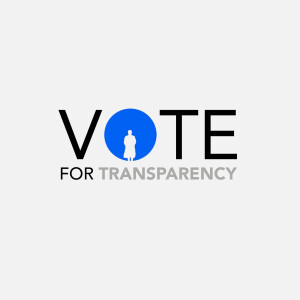 Image displaying the word 'VOTE' with a silhouette of a person inside the 'O', and the text 'FOR TRANSPARENCY' below.