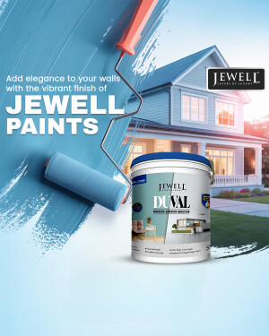 Advertisement for Jewell Paints Duval exterior emulsion featuring a house being painted.