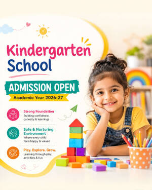 A young girl smiling with colorful building blocks in front of a kindergarten admission announcement flyer