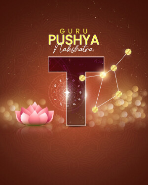 Graphic illustration for Guru Pushya Nakshatra, featuring a golden constellation and lotus flower.