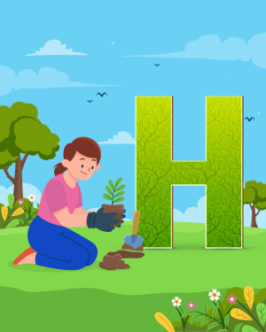 A girl planting a seedling next to a large letter 'H' made of leaves.