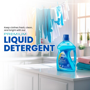 Bottle of liquid detergent with clean laundry