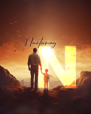 Father and son silhouetted against a bright light forming the letter 'N'