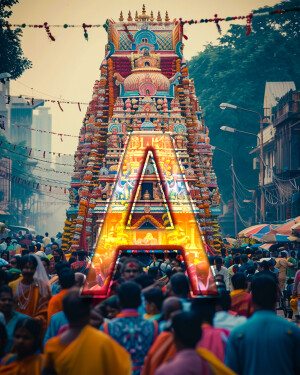 A vibrant and colorful chariot procession during a temple festival in India, surrounded by a large crowd of devotees.