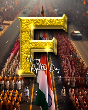 Golden letter 'R' with Republic Day parade in the background