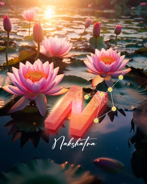 Pink lotus flowers with a glowing 'N' letter in water
