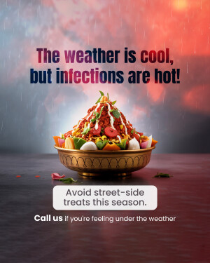 A bowl of spicy street food with a monsoon rain background and a health warning.