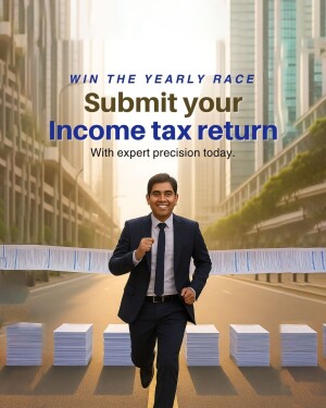 Man running towards a finish line made of tax returns, promoting income tax submission.