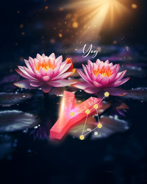 Pink lotus flowers with a glowing 'Yog' symbol and constellation