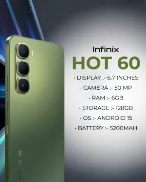 Infinix Hot 60 smartphone with key specifications displayed