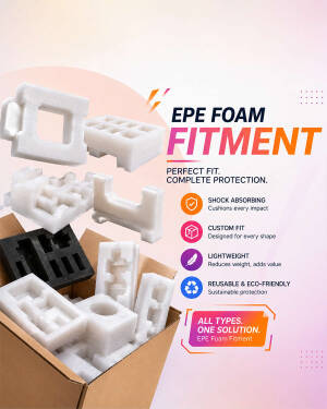 Various white and black custom EPE foam fitments emerging from a cardboard box