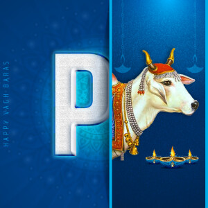 Image depicting a cow and the letter 'P' with a festive background for P Vagha Baras