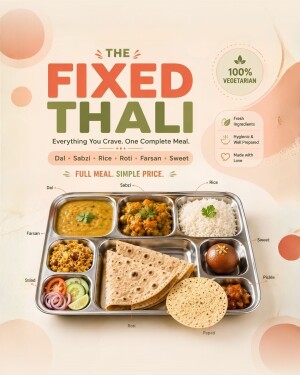 A restaurant promotional flyer featuring a complete traditional Indian vegetarian fixed thali meal served in a stainless steel compartmentalized plate.
