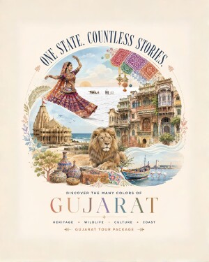 Collage of Gujarat tourism highlighting cultural heritage, Asiatic lion, traditional dance, and coastal beauty.