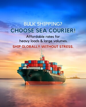 Cargo ship transporting containers at sunset, promoting sea courier services.