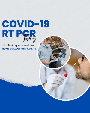 Image depicting COVID-19 RT PCR testing with a healthcare worker taking a swab and information about fast reports and home collection.