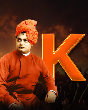 Portrait of Swami Vivekananda with a large orange letter K in the background