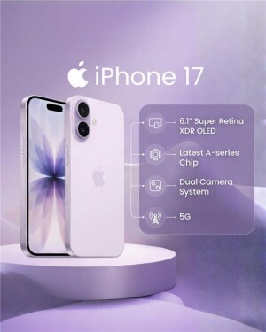A lavender-themed promotional image showing the iPhone 17 with display and camera specifications.