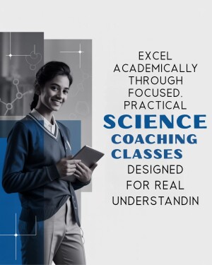 A student with a tablet and text promoting science coaching classes.