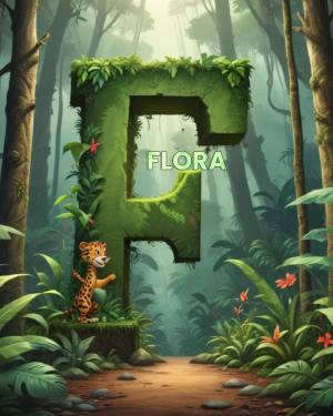 A green letter 'F' covered in foliage with a tiger cub and a forest background.