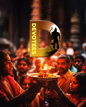 A vibrant image depicting a religious ceremony with devotees and a symbolic 'D' logo.