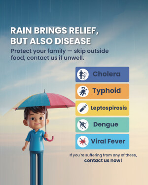 Illustration of a boy under an umbrella with information about diseases spread during the rainy season.