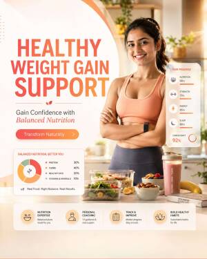 A smiling woman in fitness attire with a healthy food display and weight gain progress charts