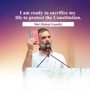 Rahul Gandhi speaking at a podium with the Constitution of India