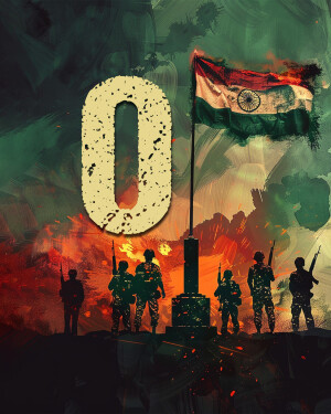 Digital art depicting the Indian flag with silhouettes of soldiers and the number zero.
