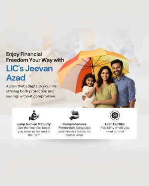 Family under an umbrella with LIC Jeevan Azad advertisement