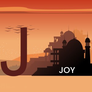 Silhouette of Jaipur city skyline with a large letter J and the word JOY