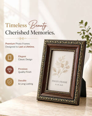 An elegant, ornate brown and gold vintage style 4x6 photo frame displayed on a marble table with text overlays highlighting its premium quality.