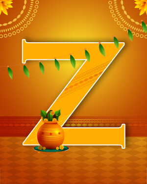 Letter Z decorated with traditional Indian elements like a pot, flowers, and garlands.