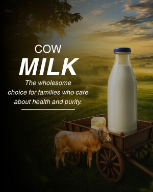 Bottle of milk with a cow and cart in a rural landscape