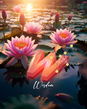 Pink lotus flowers with a glowing 'W' symbol on water