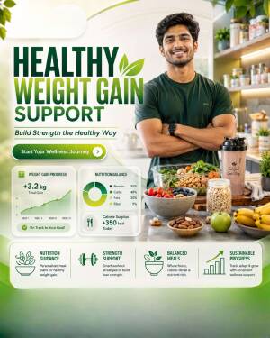 A smiling young man in a kitchen with healthy food and nutritional infographics about weight gain support