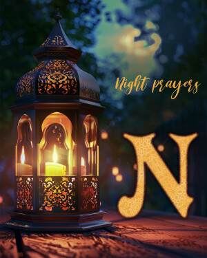 An ornate lantern glowing with candlelight in front of a blurred background with a large golden letter 'N'.
