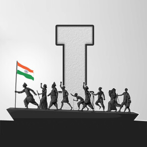 A grayscale image depicting a group of people celebrating with the Indian flag in front of a large letter 'T'.