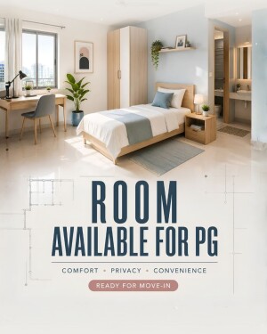 A clean, modern, fully furnished PG room with a bed, desk, and attached bathroom.