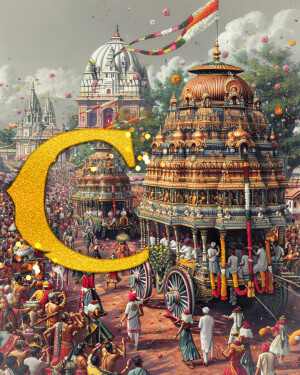 A golden letter 'C' superimposed on a vibrant scene of the Rath Yatra festival in Puri, India.
