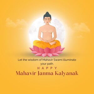 Illustration of Lord Mahavir in a meditative pose with a full moon background and text wishing Happy Mahavir Janma Kalyanak.