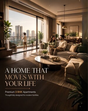 A young family enjoying their luxury 3 BHK apartment with a view of the city skyline during sunset.